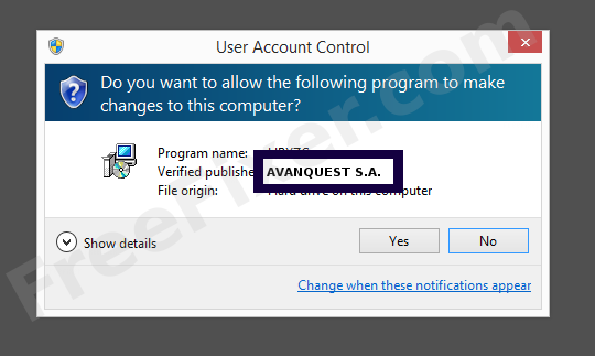 Screenshot where AVANQUEST S.A. appears as the verified publisher in the UAC dialog